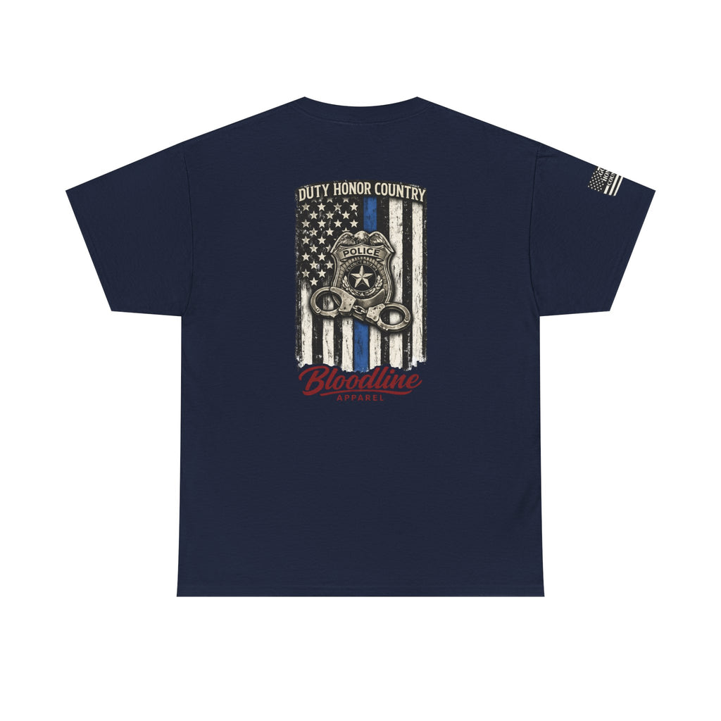 Police Thin Blue Line T-Shirt — "Duty Honor Country" Badge Back Graphic