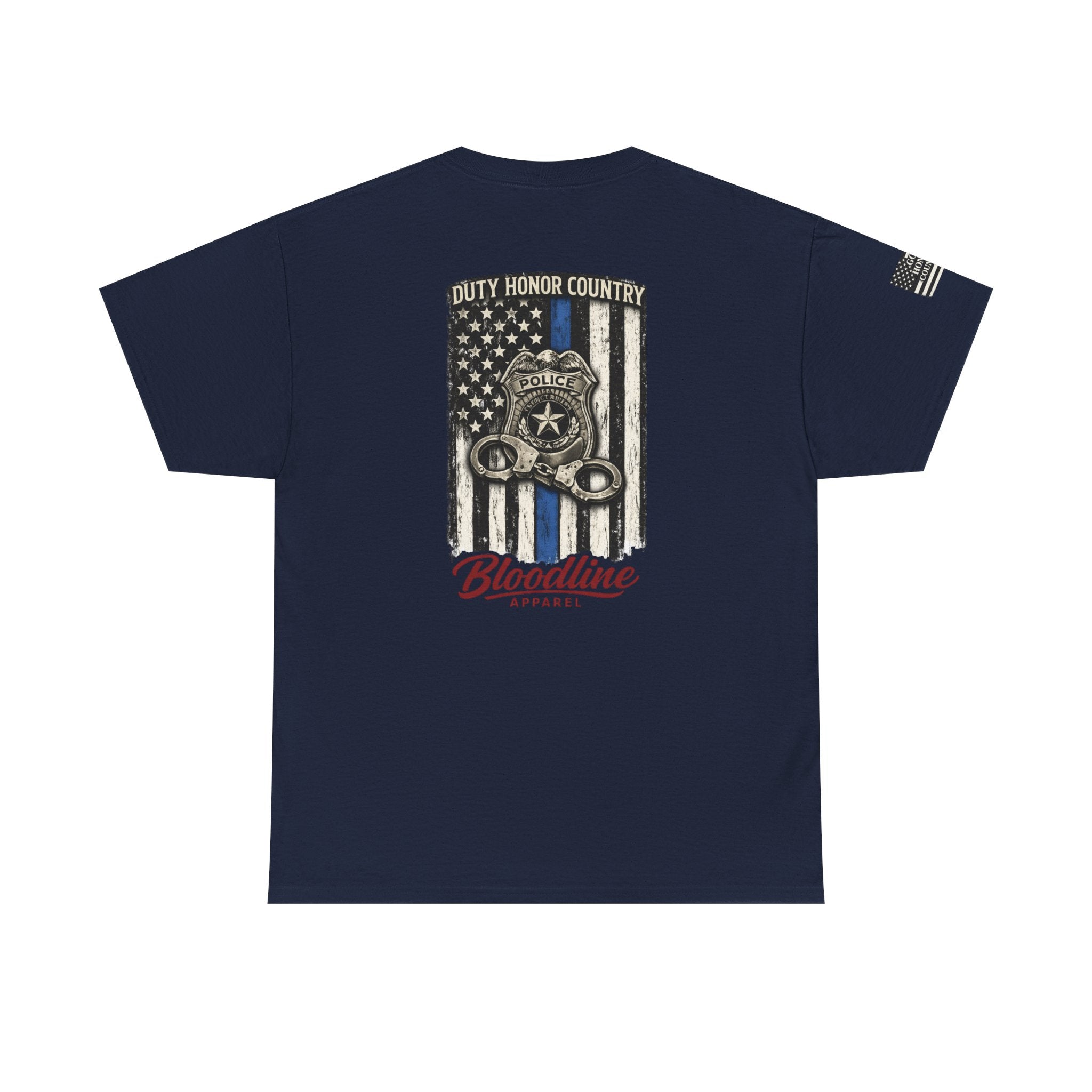 Police Thin Blue Line T-Shirt — "Duty Honor Country" Badge Back Graphic