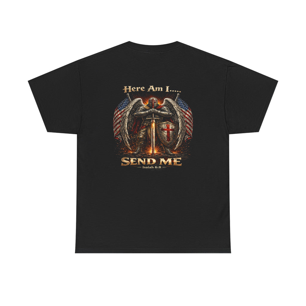 Here Am I... Send Me T-Shirt — Christian Angel & Flags Faith Graphic Tee
