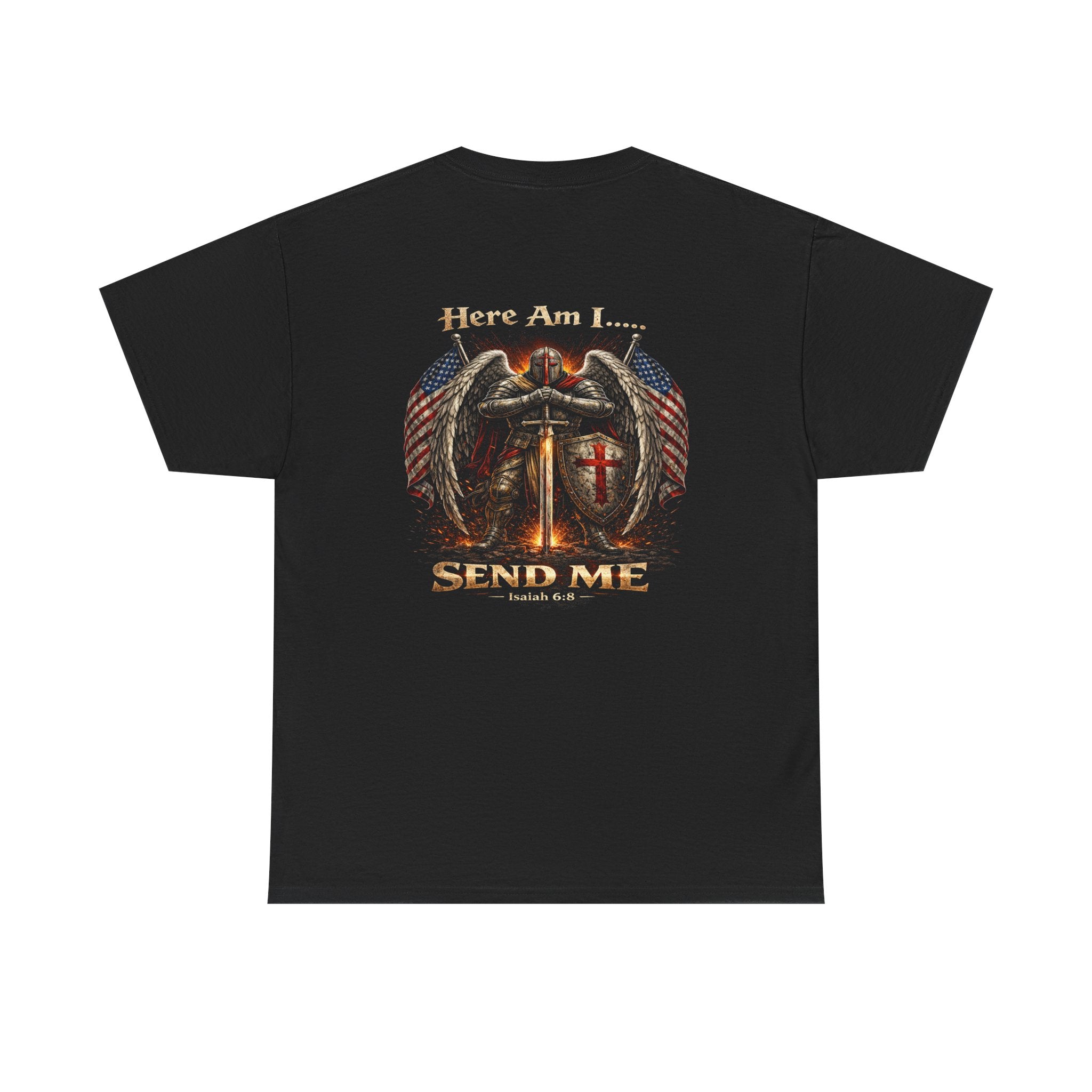 Here Am I... Send Me T-Shirt — Christian Angel & Flags Faith Graphic Tee
