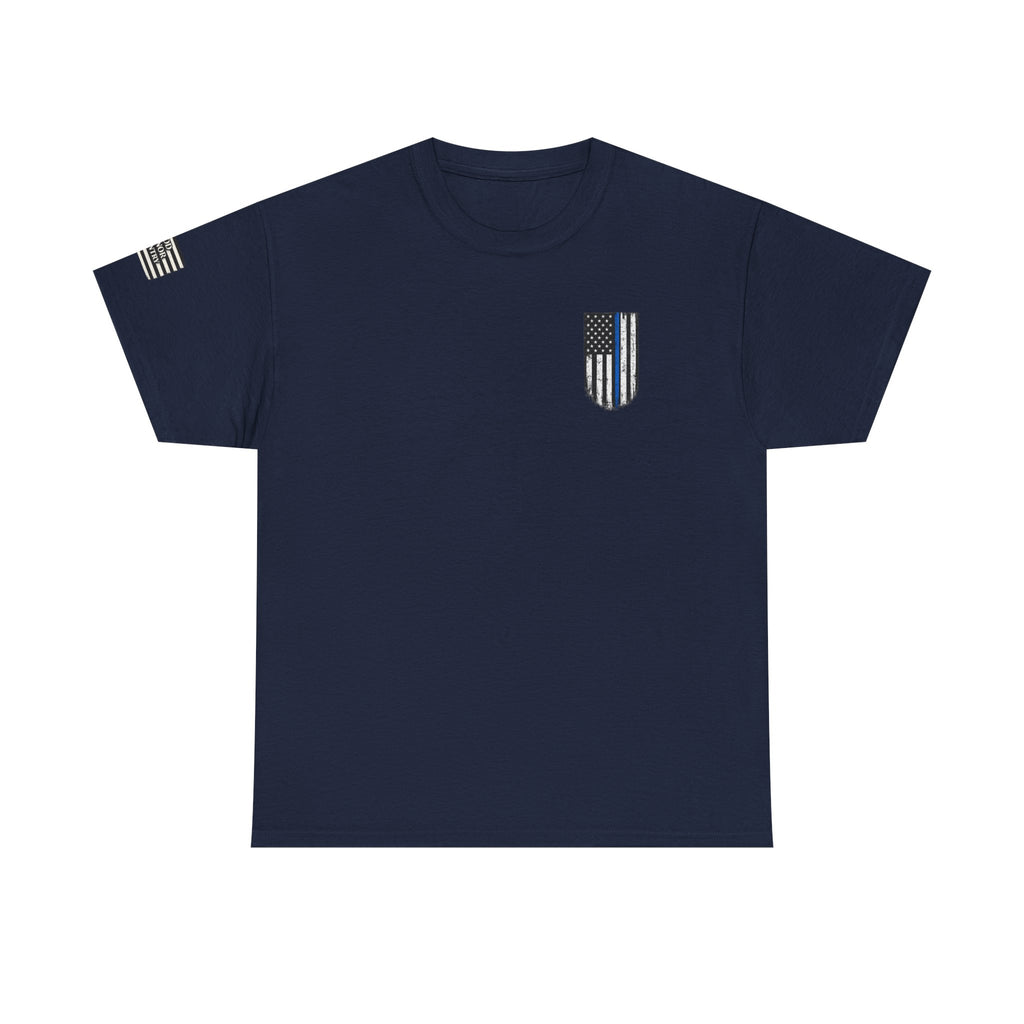 Police Thin Blue Line T-Shirt — "Duty Honor Country" Badge Back Graphic