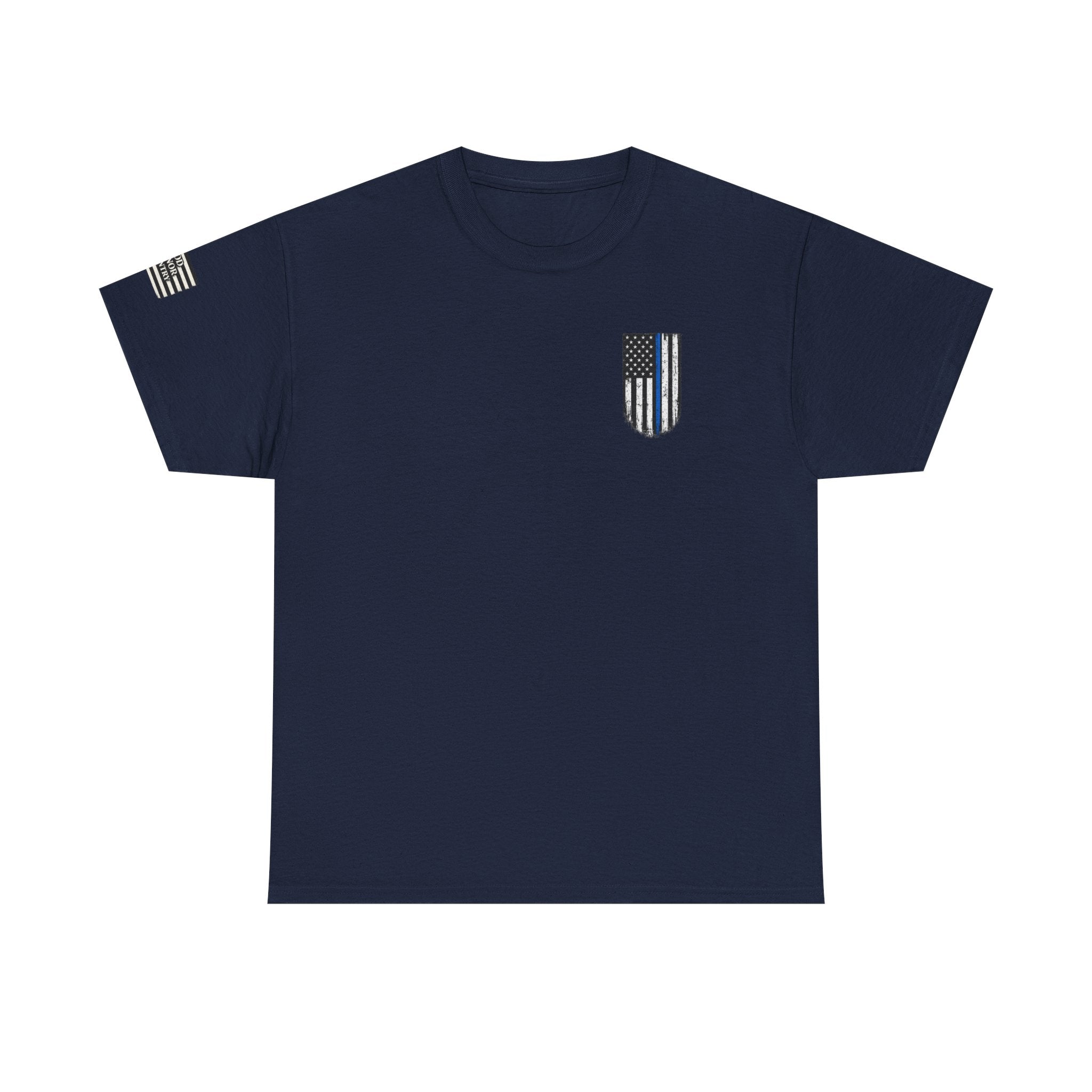 Police Thin Blue Line T-Shirt — "Duty Honor Country" Badge Back Graphic