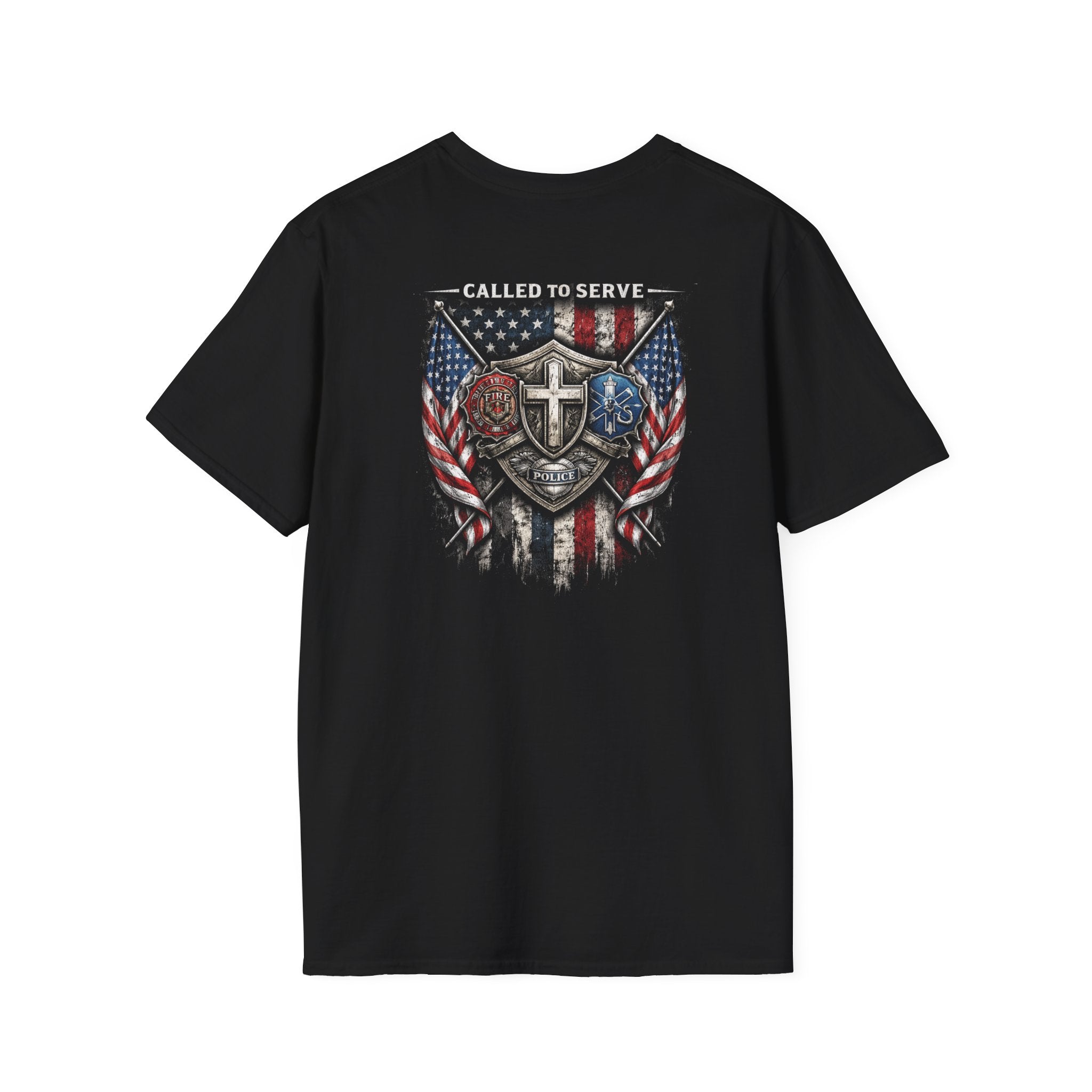 Called to Serve Military & First Responder T-Shirt — American Flag Shield Cross Design