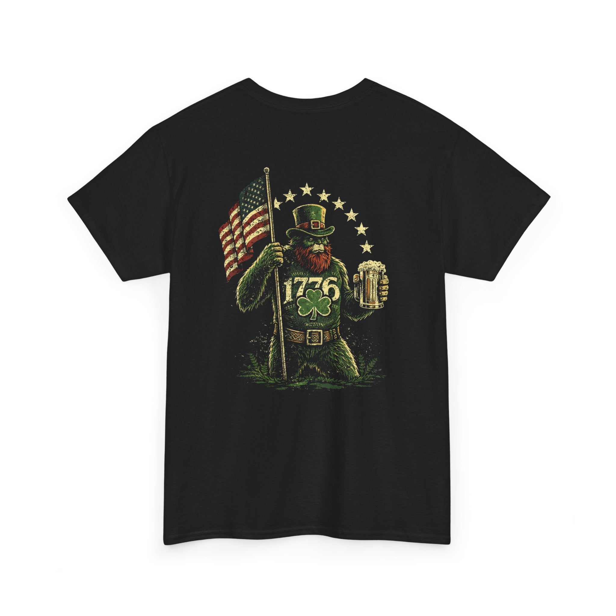 1776 St. Patrick’s Day Tee — Patriotic Leprechaun Holding Flag & Beer