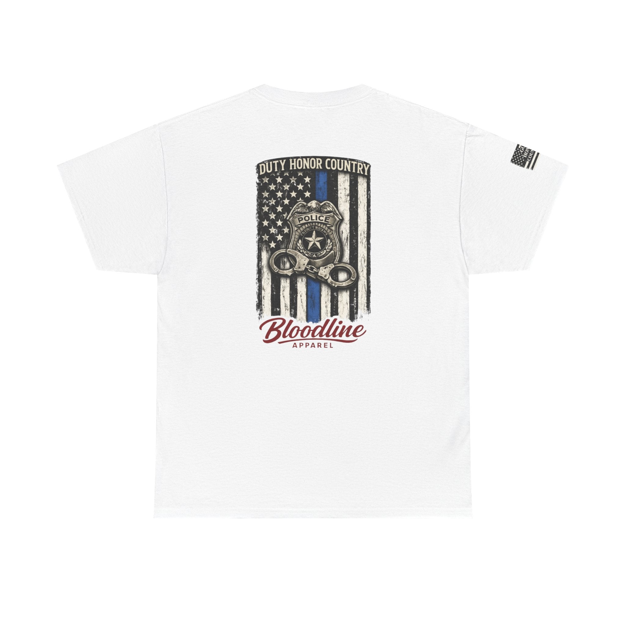 Police Thin Blue Line T-Shirt — "Duty Honor Country" Badge Back Graphic