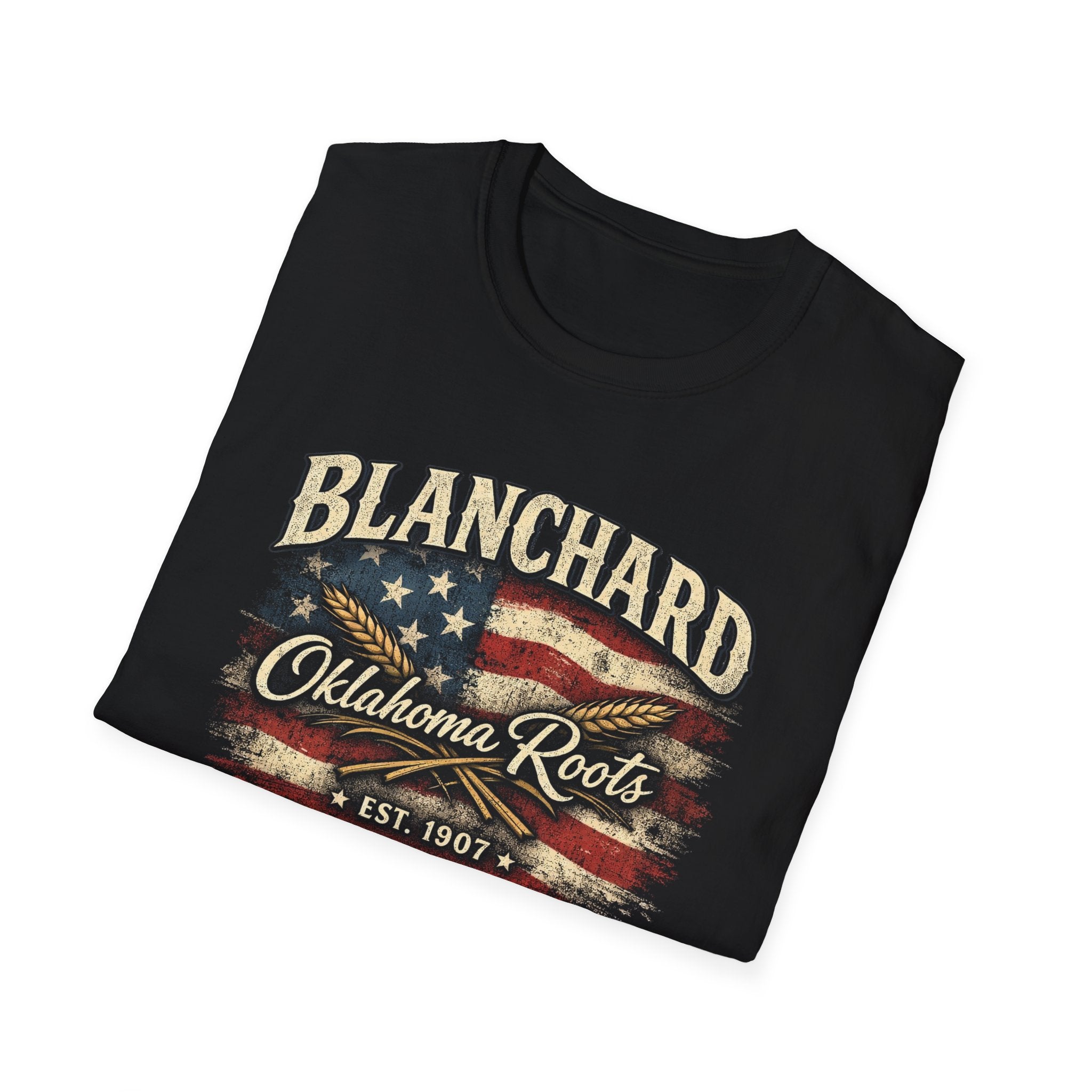 Blanchard Oklahoma Roots T-Shirt — Vintage American Flag Small Town Tee