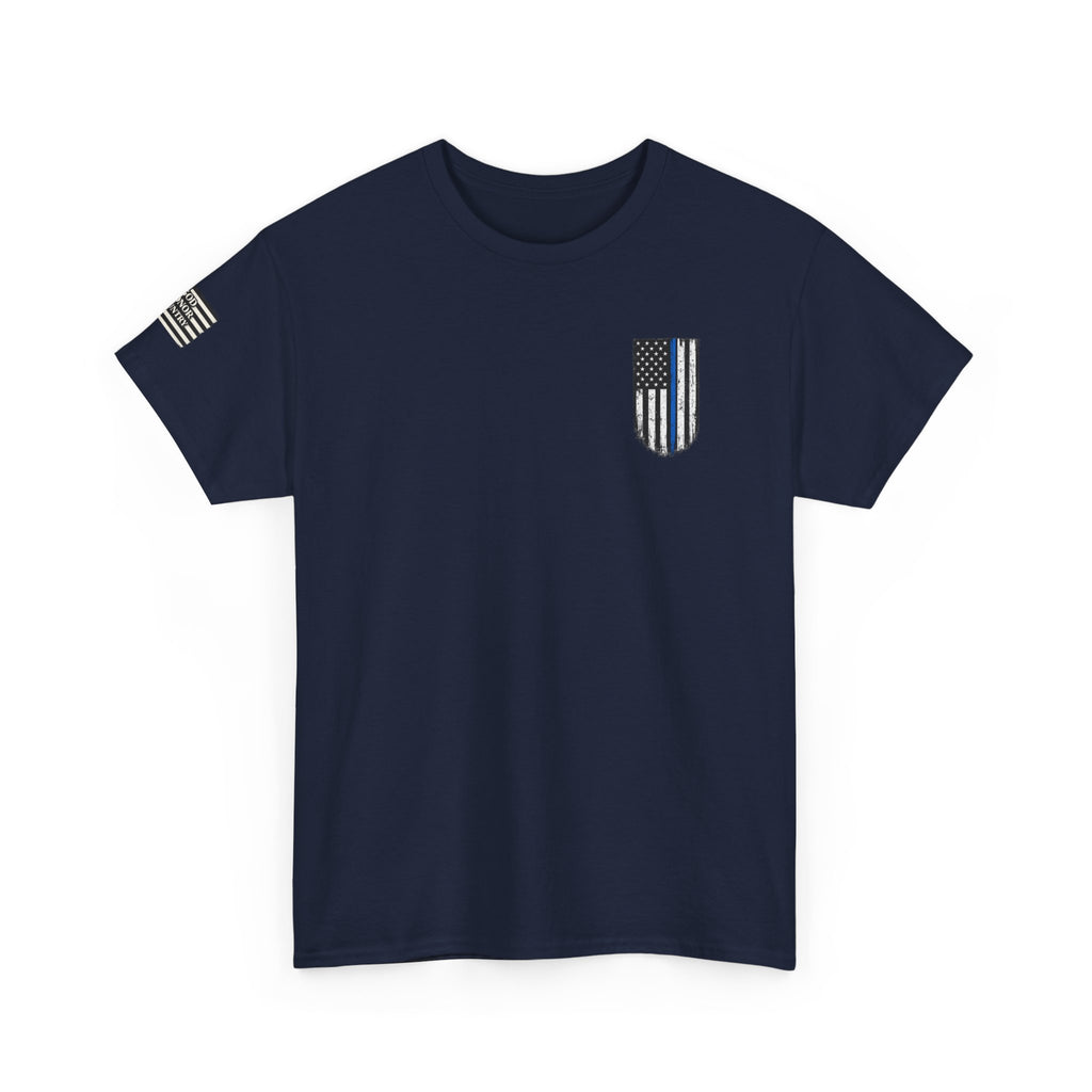 Police Thin Blue Line T-Shirt — "Duty Honor Country" Badge Back Graphic