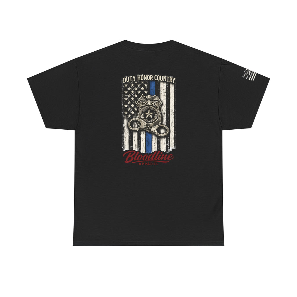 Police Thin Blue Line T-Shirt — "Duty Honor Country" Badge Back Graphic