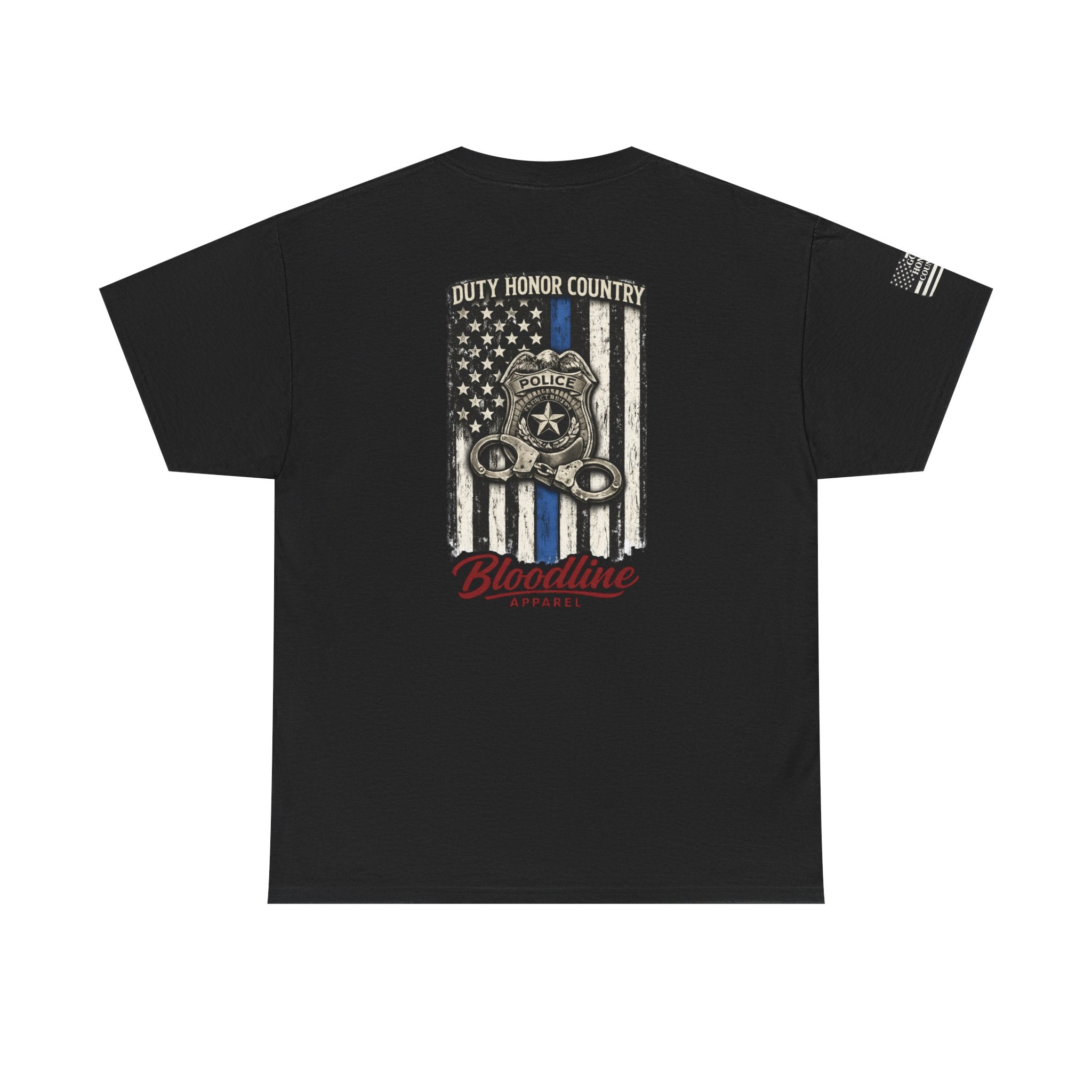 Police Thin Blue Line T-Shirt — "Duty Honor Country" Badge Back Graphic