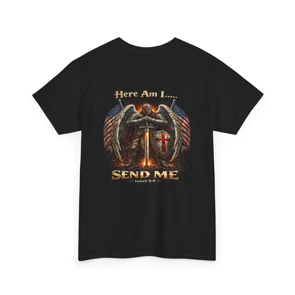 Here Am I... Send Me T-Shirt — Christian Angel & Flags Faith Graphic Tee