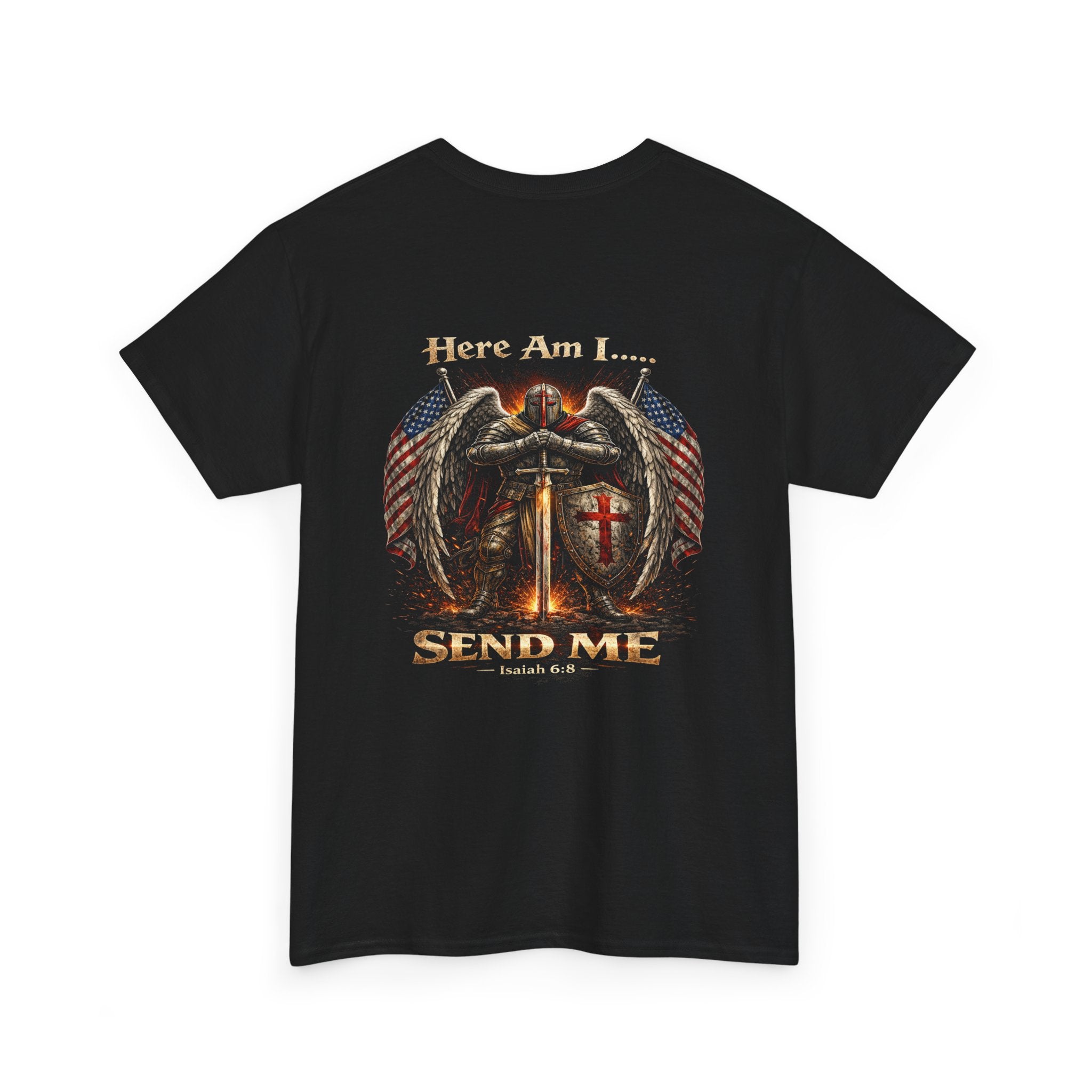 Here Am I... Send Me T-Shirt — Christian Angel & Flags Faith Graphic Tee