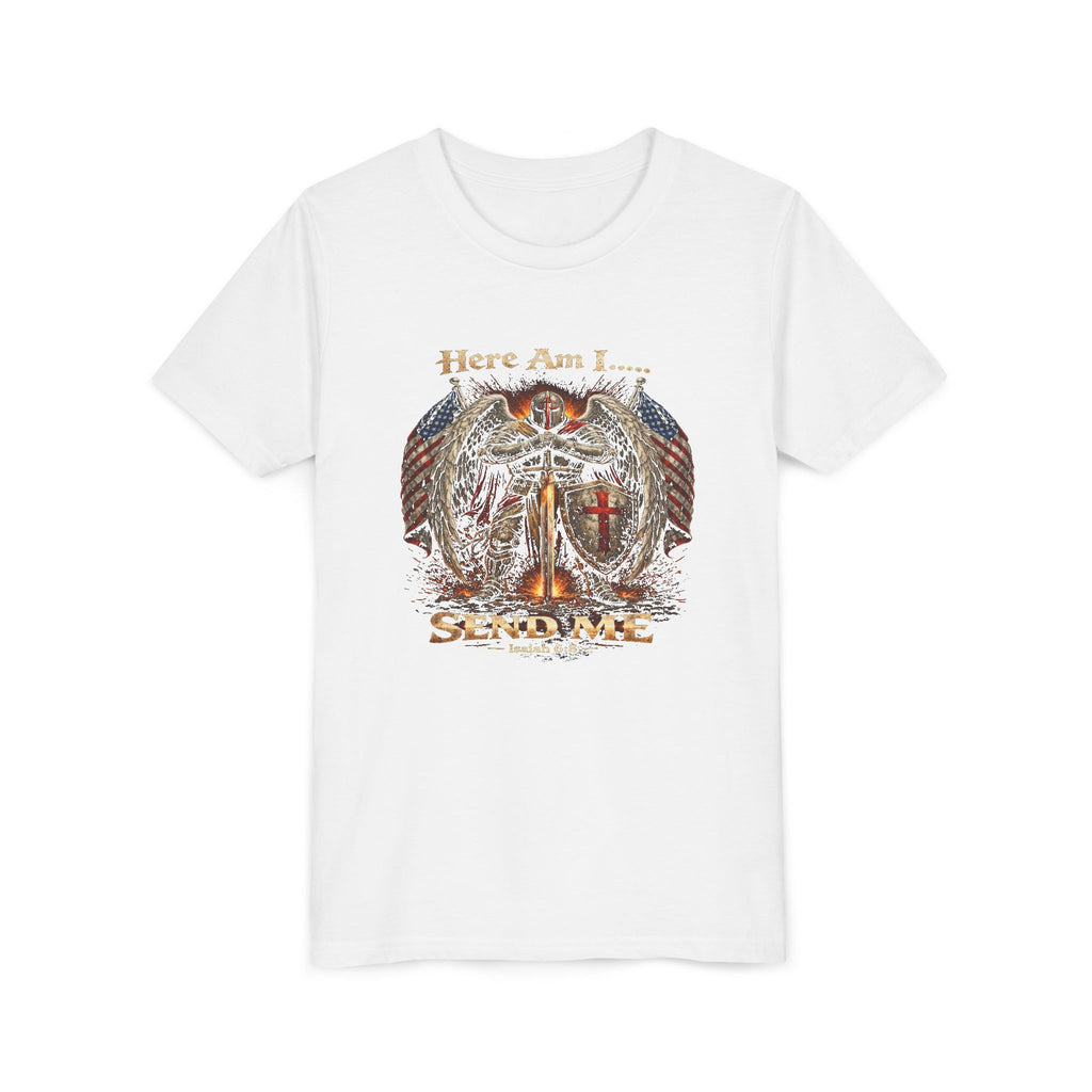 Youth Tee — "Here Am I... Send Me" Patriotic Christian Angel Tee