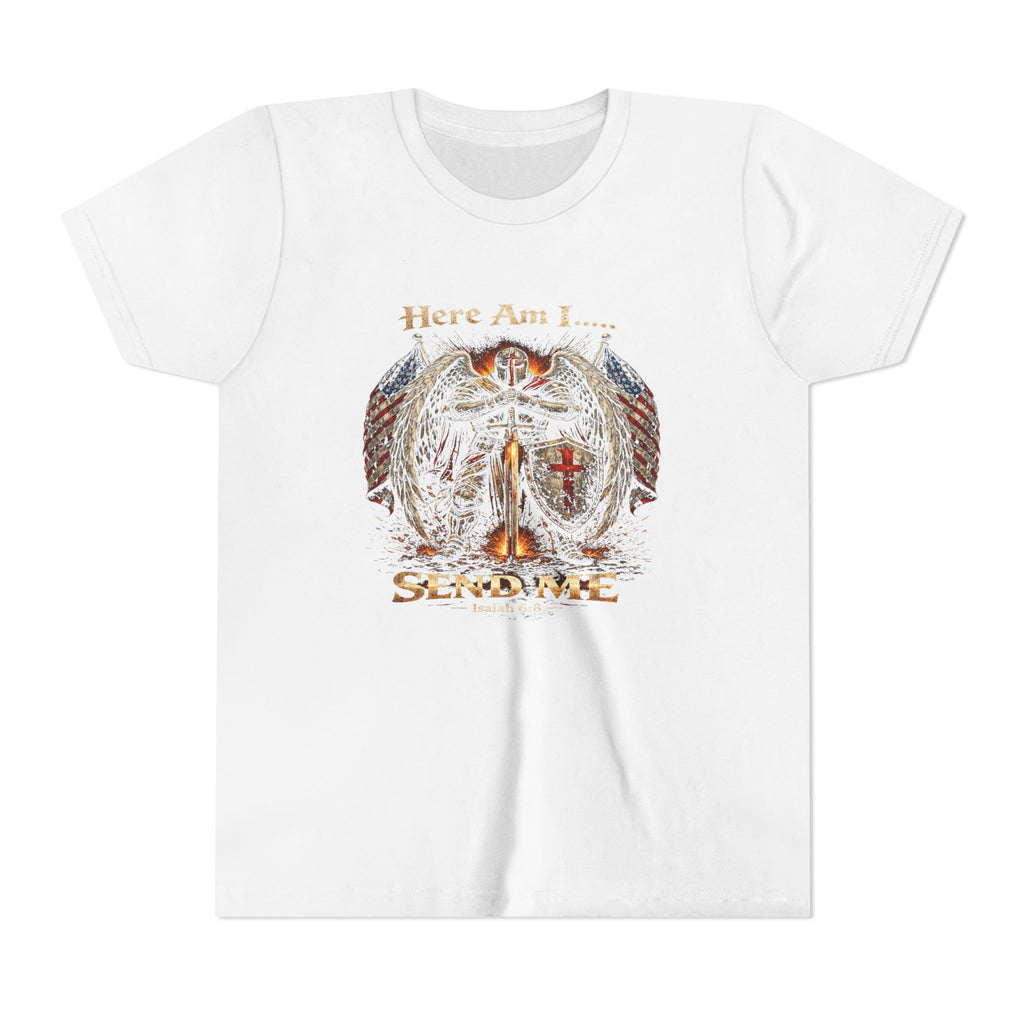 Youth Tee — "Here Am I... Send Me" Patriotic Christian Angel Tee