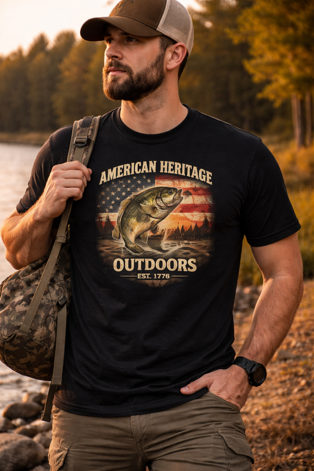 American Heritage Outdoors Fishing T-Shirt – "American Heritage Outdoors Est. 1776" Vintage Flag Tee