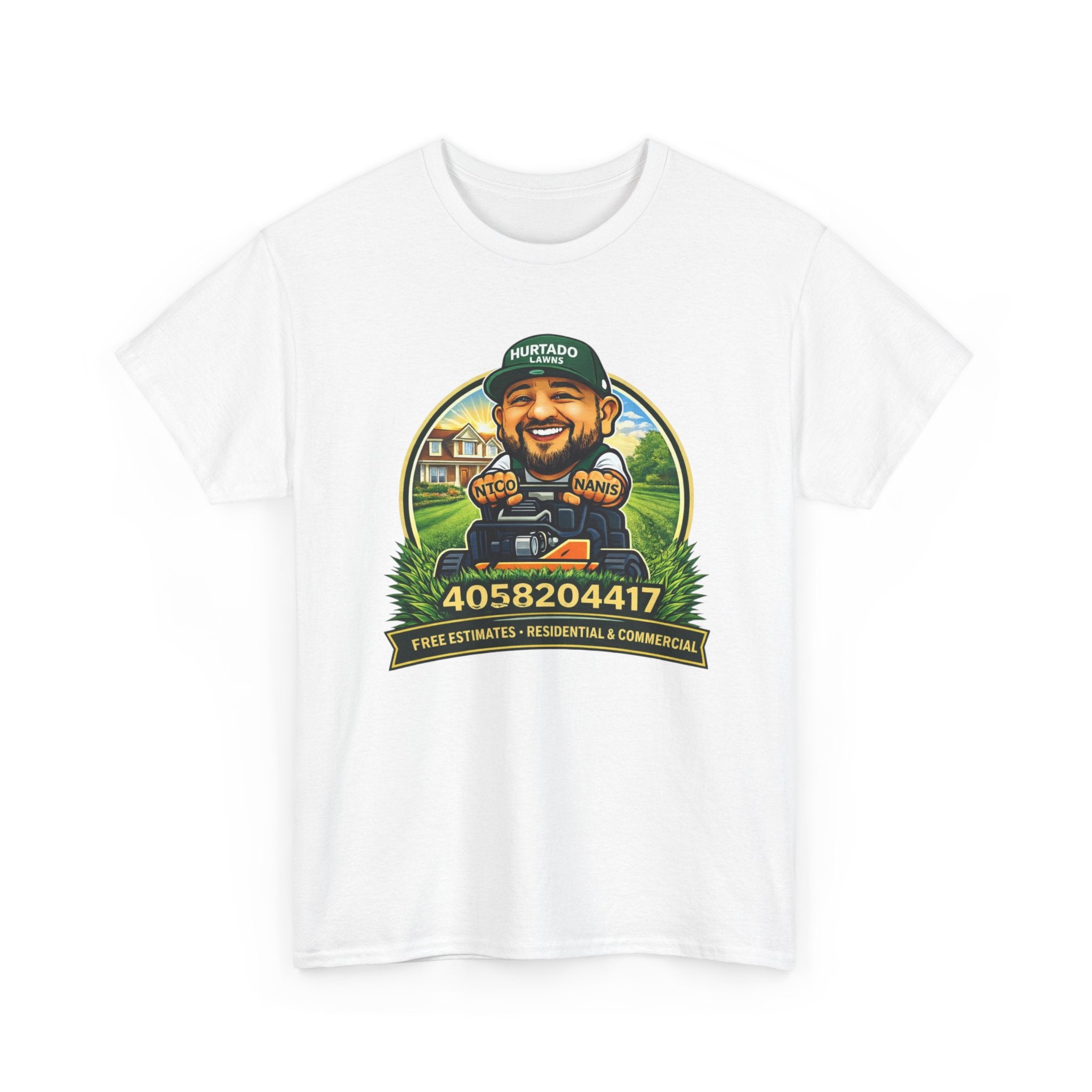 Lawn Care Mascot T-Shirt – Personalized Phone Number Garden Mower Tee