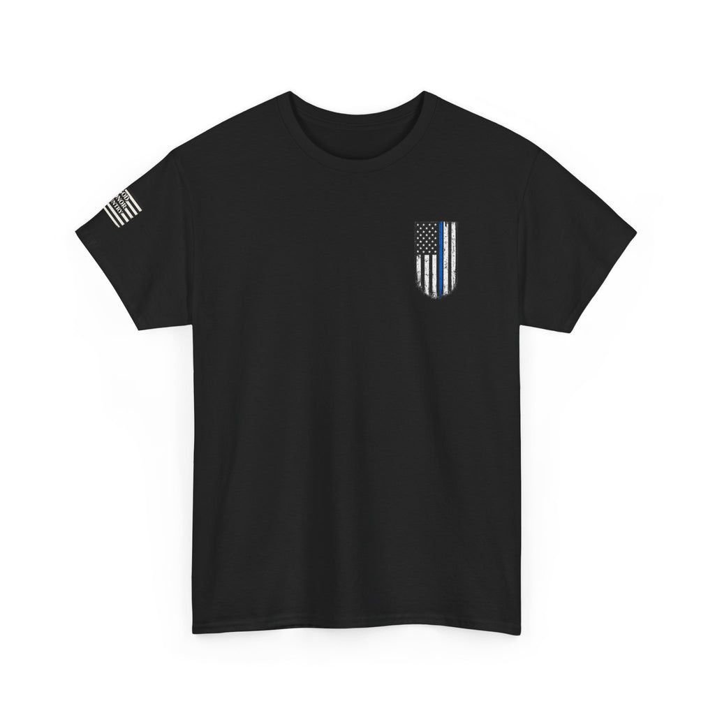 Police Thin Blue Line T-Shirt — "Duty Honor Country" Badge Back Graphic