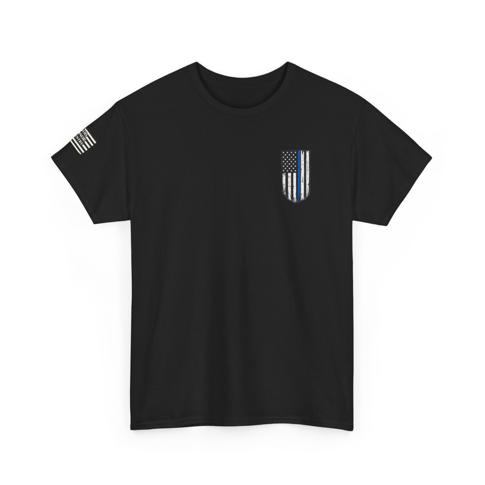 Police Thin Blue Line T-Shirt — "Duty Honor Country" Badge Back Graphic