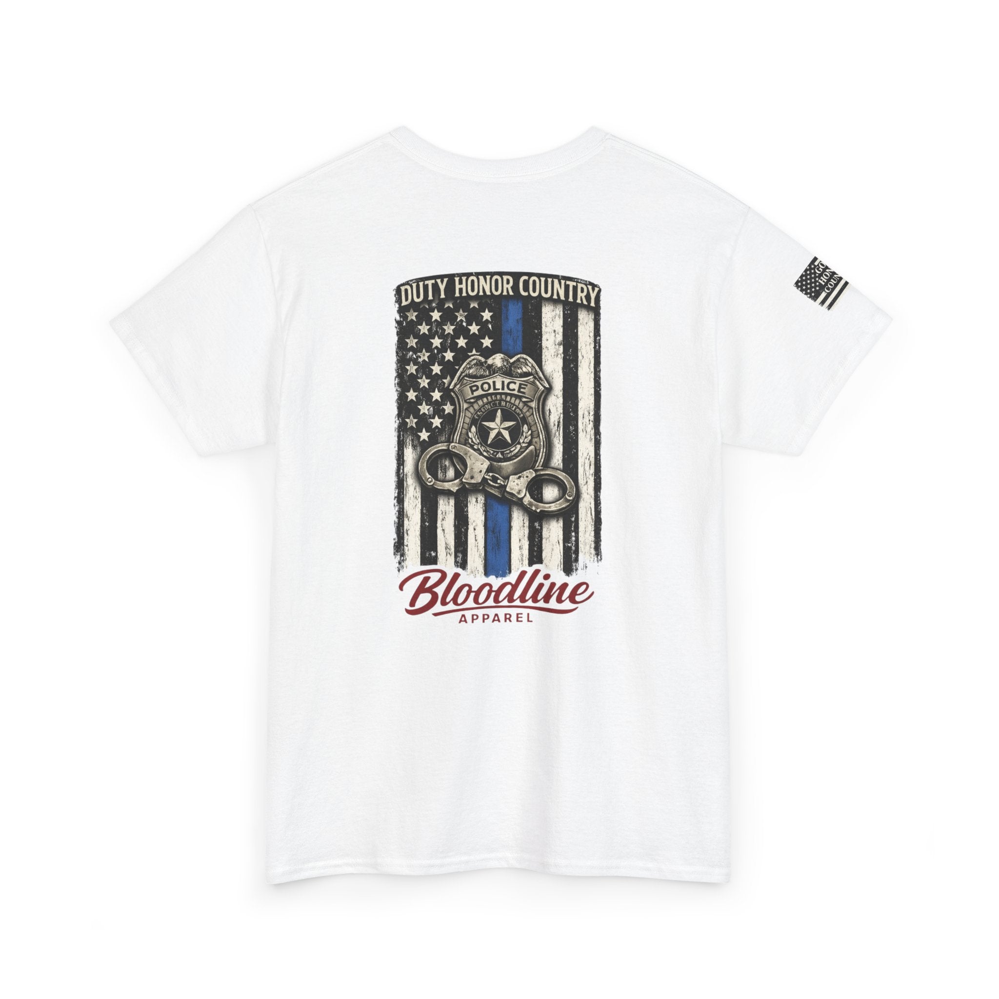 Police Thin Blue Line T-Shirt — "Duty Honor Country" Badge Back Graphic