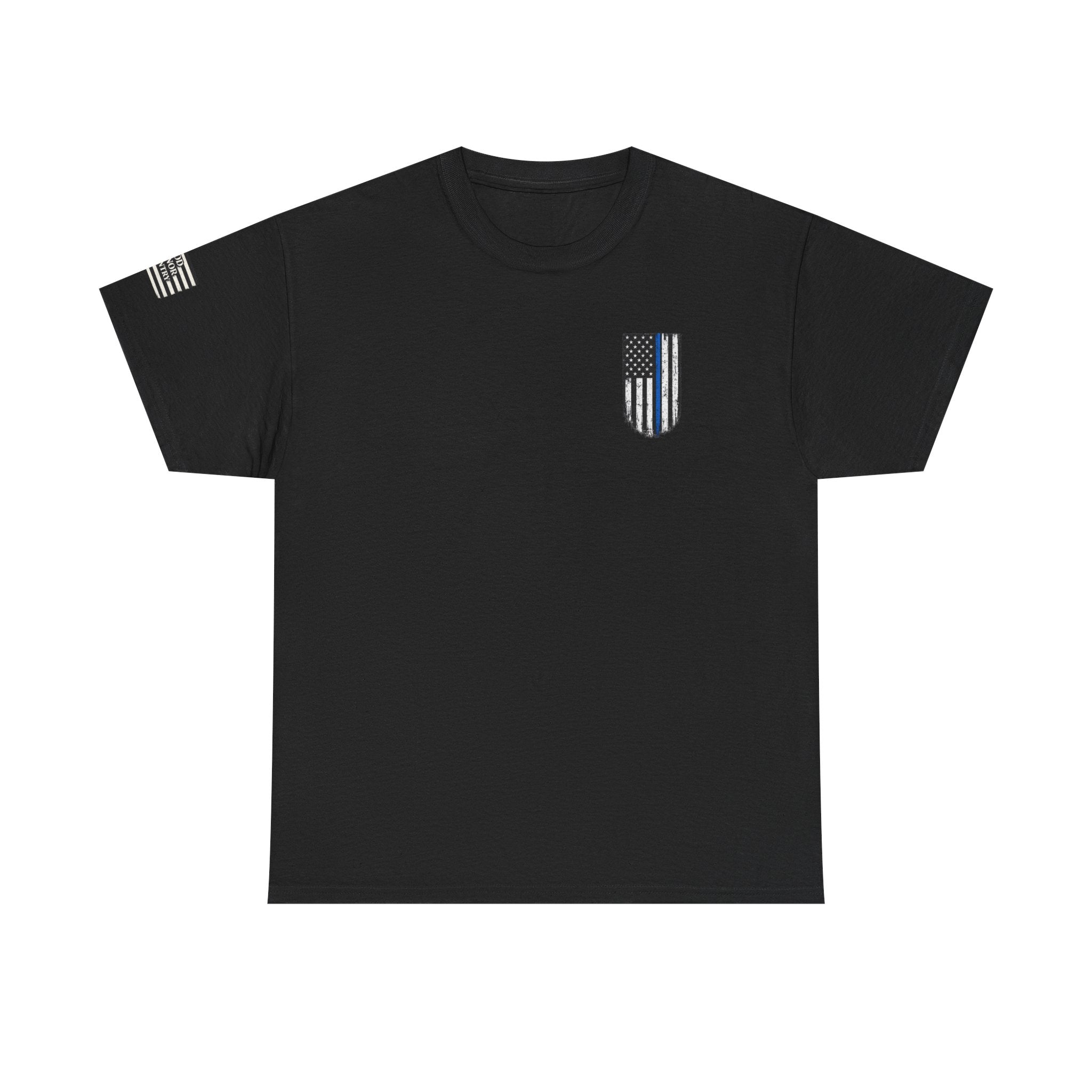 Police Thin Blue Line T-Shirt — "Duty Honor Country" Badge Back Graphic