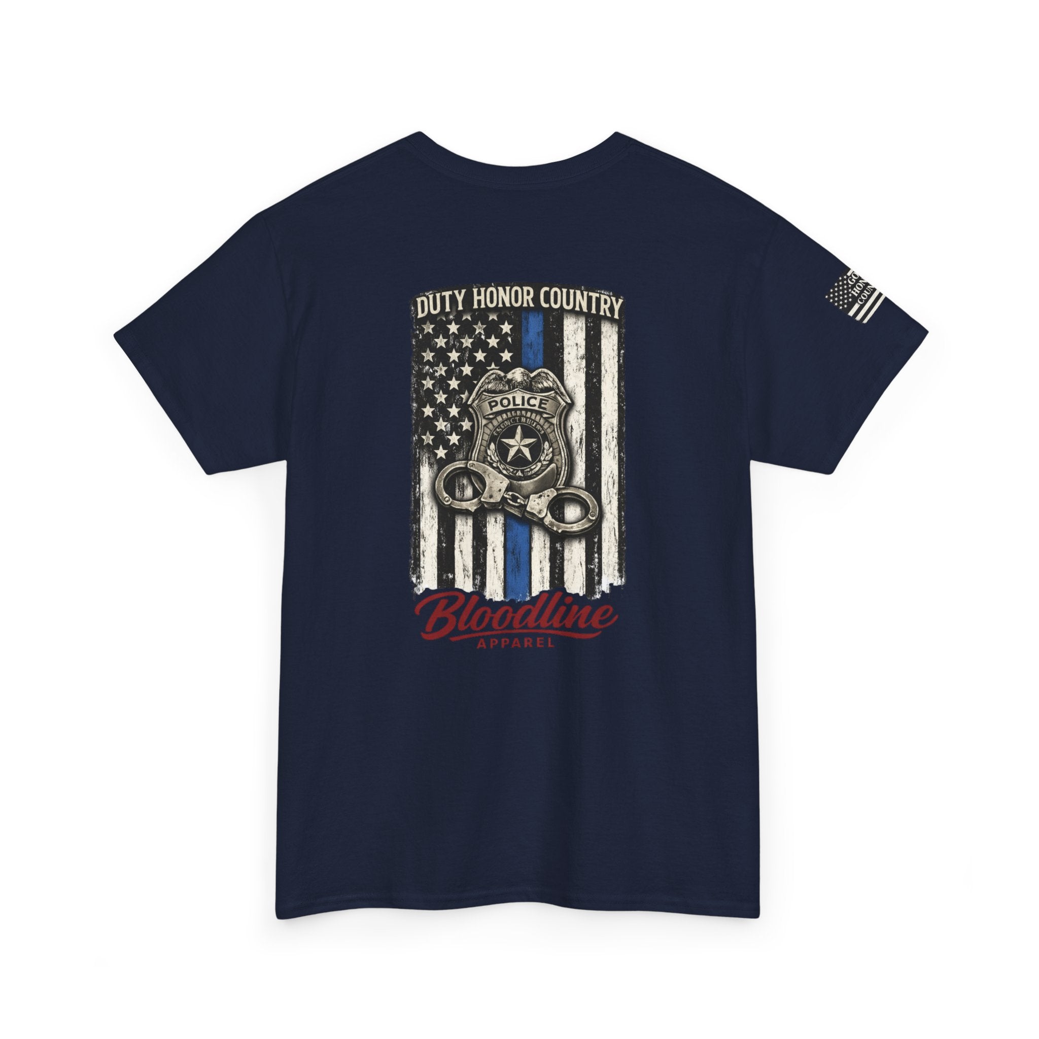 Police Thin Blue Line T-Shirt — "Duty Honor Country" Badge Back Graphic
