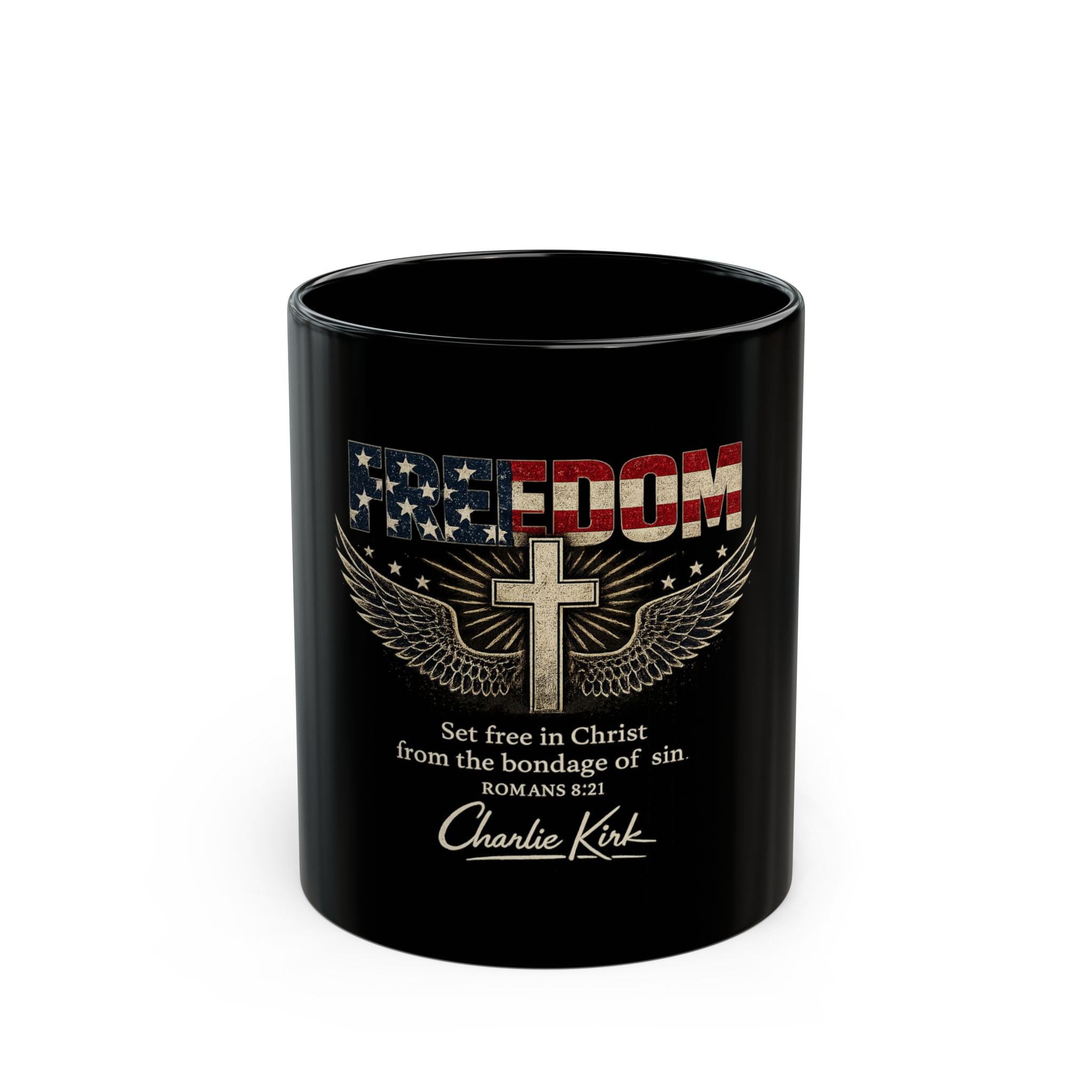 Freedom Cross Coffee Mug — "Set Free in Christ" Christian American Flag 11oz/15oz
