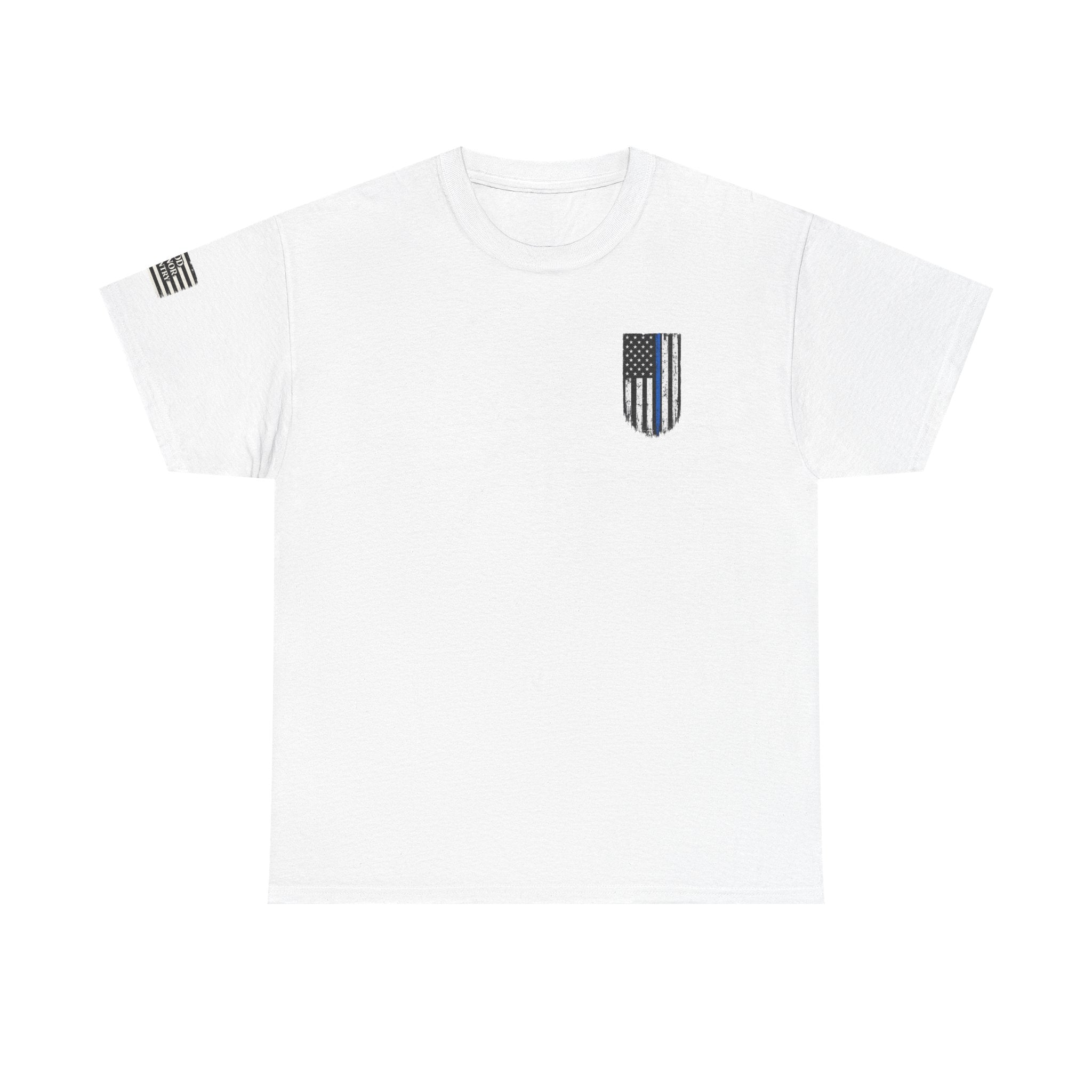 Police Thin Blue Line T-Shirt — "Duty Honor Country" Badge Back Graphic
