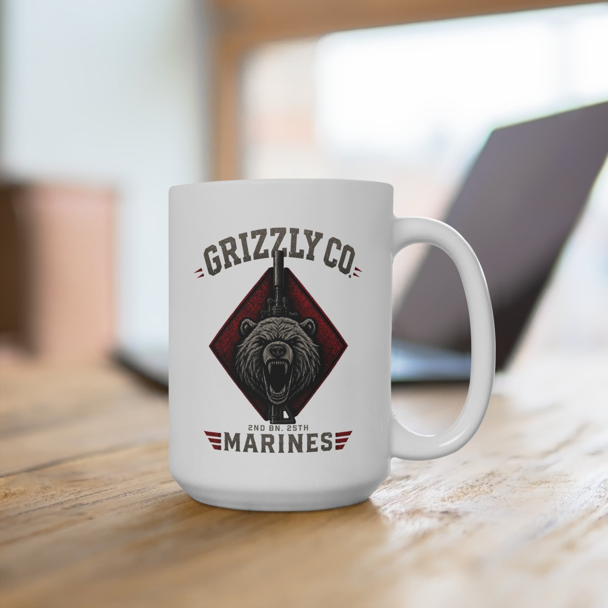 15oz Ceramic Mug — Tactical Bear Emblem “2nd BN 25th MAR” Military Coffee Cup