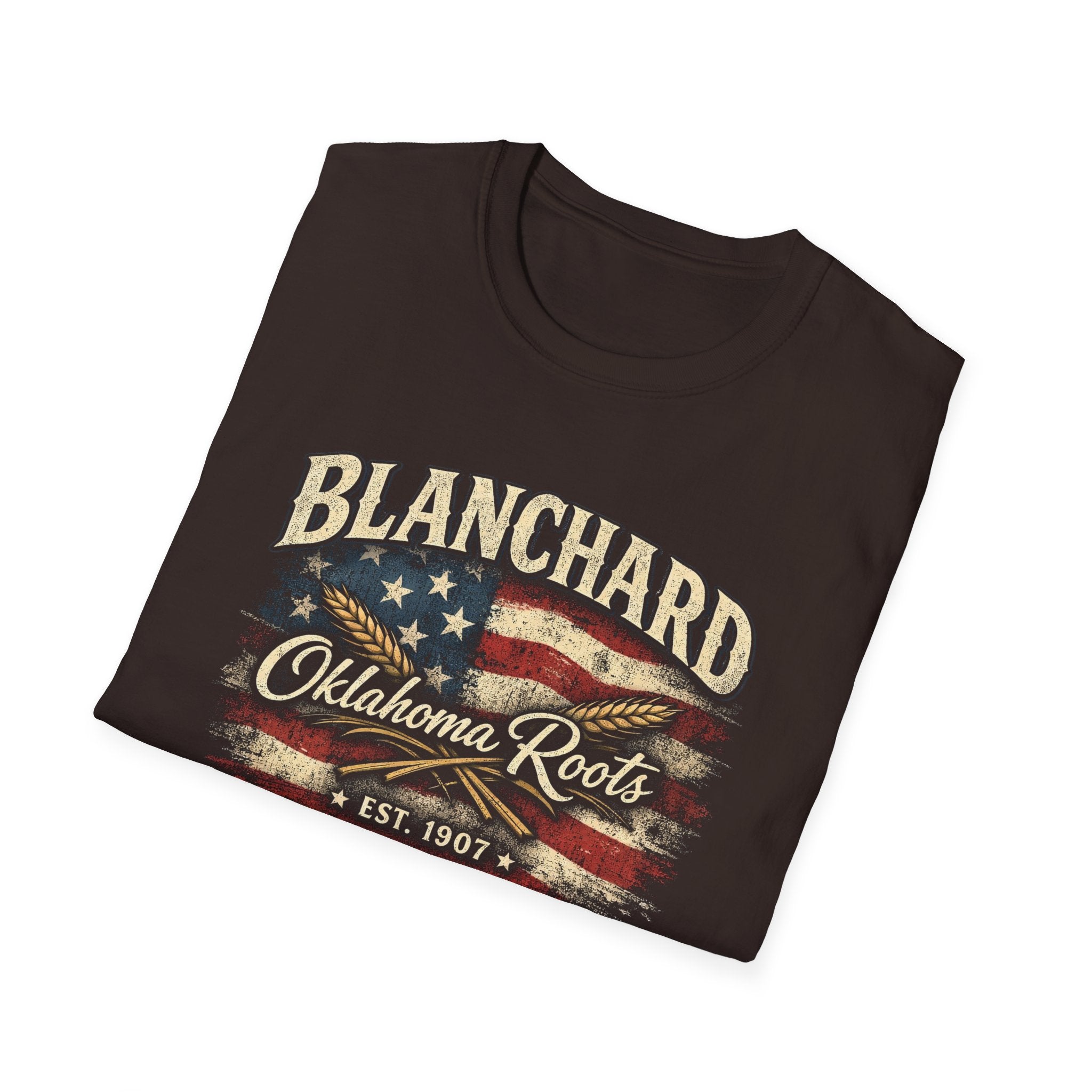 Blanchard Oklahoma Roots T-Shirt — Vintage American Flag Small Town Tee
